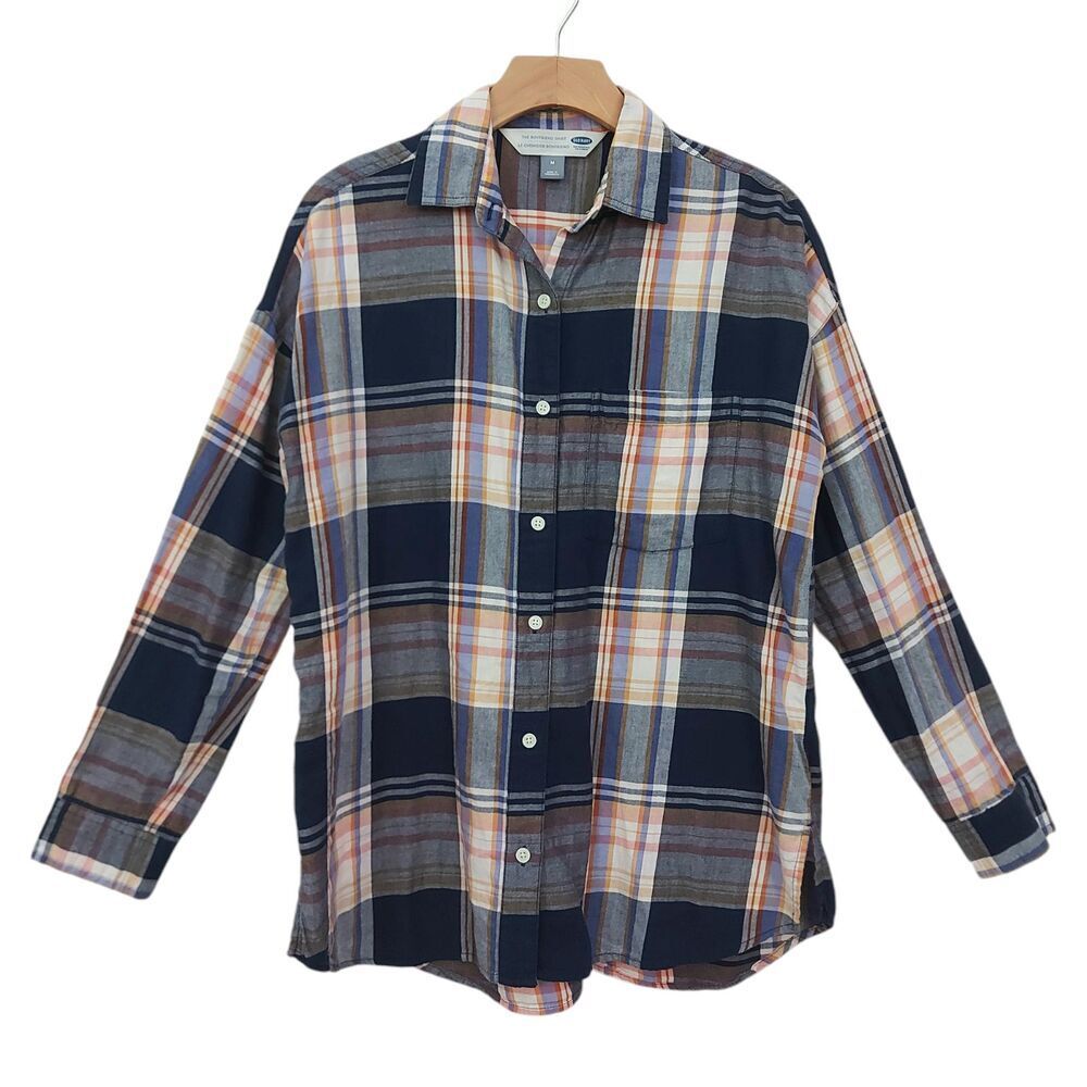 Old Navy The Boyfriend Shirt Womens Medium Blue Brown Plaid Button Long Sleeve